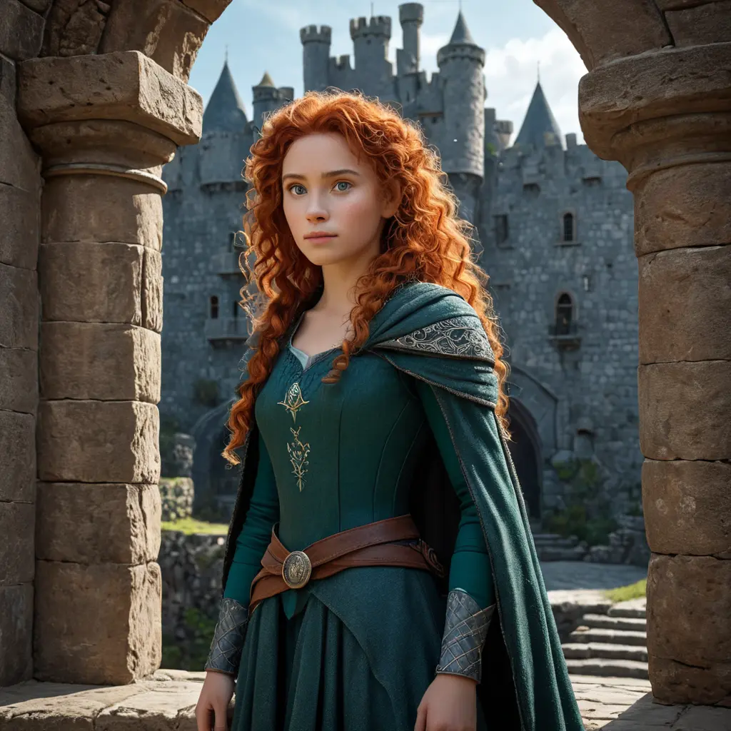 Matte portrait of Disney's Merida of DunBroch inside a castle, Ultra Detailed, Half Body, Beautiful, Matte Painting, Sharp Focus, Portrait, Fantasy by Stefan Kostic