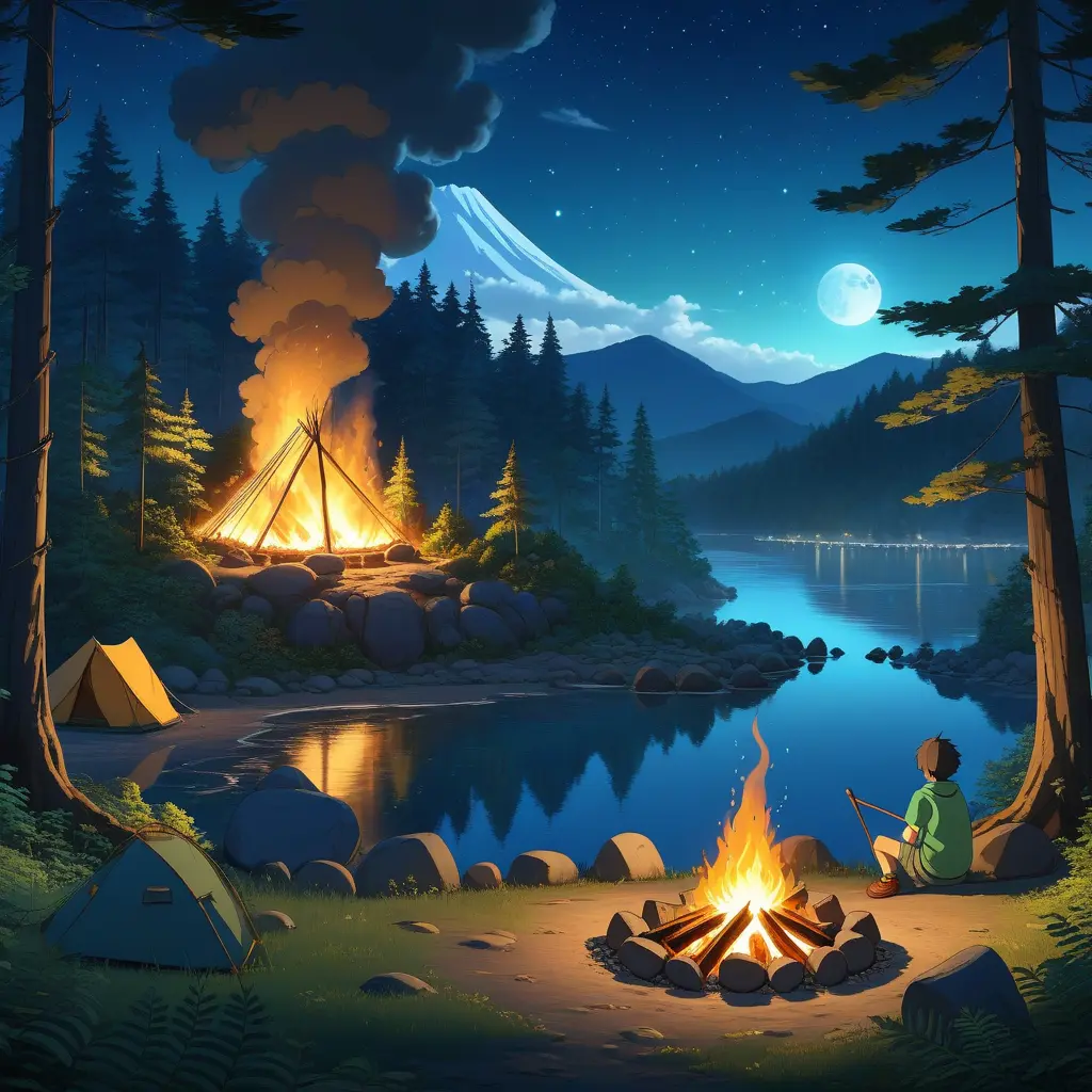 matte painting of a camp fire in the forest at night, Highly Detailed, Beautiful, Digital Painting, Anime, Fantasy by Studio Ghibli