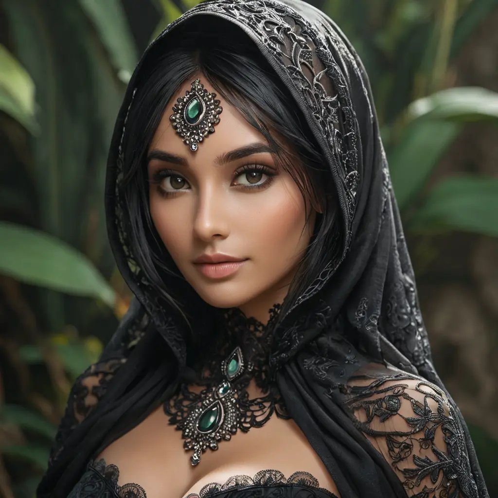 A beautiful veiled Nidalee wearing a lacy black veil, perfect face, Intricate, Half Body, Volumetric Lighting