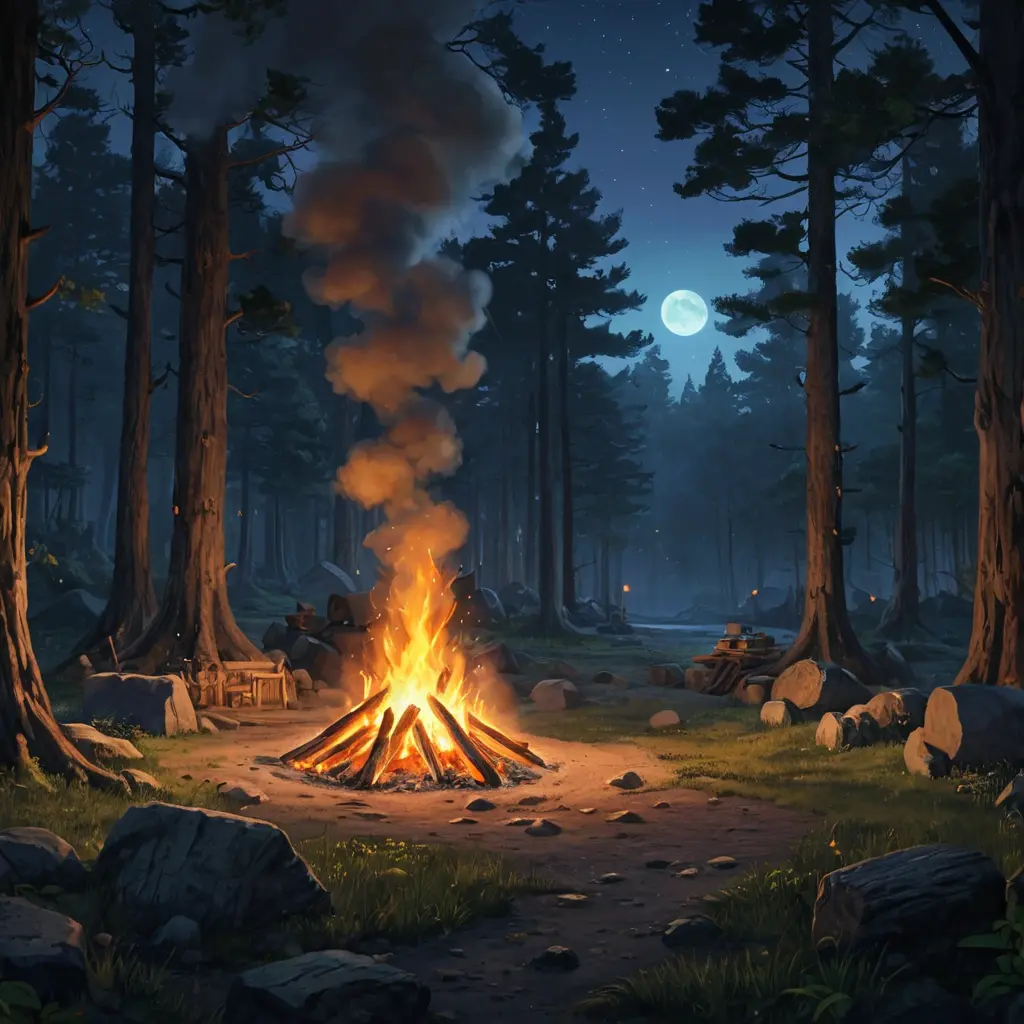 matte painting of a camp fire in the forest at night, Highly Detailed, Beautiful, Digital Painting, Anime, Fantasy by Studio Ghibli