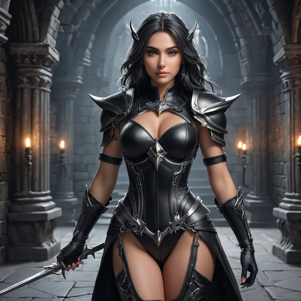 Alluring matte full body portrait of a beautiful Irelia with piercing eyes, wearing black leather in a dungeon, 8k, Highly Detailed, Intricate, Realistic, Sharp Focus, Volumetric Lighting, Fantasy, Elegant by Stanley Artgerm Lau, WLOP