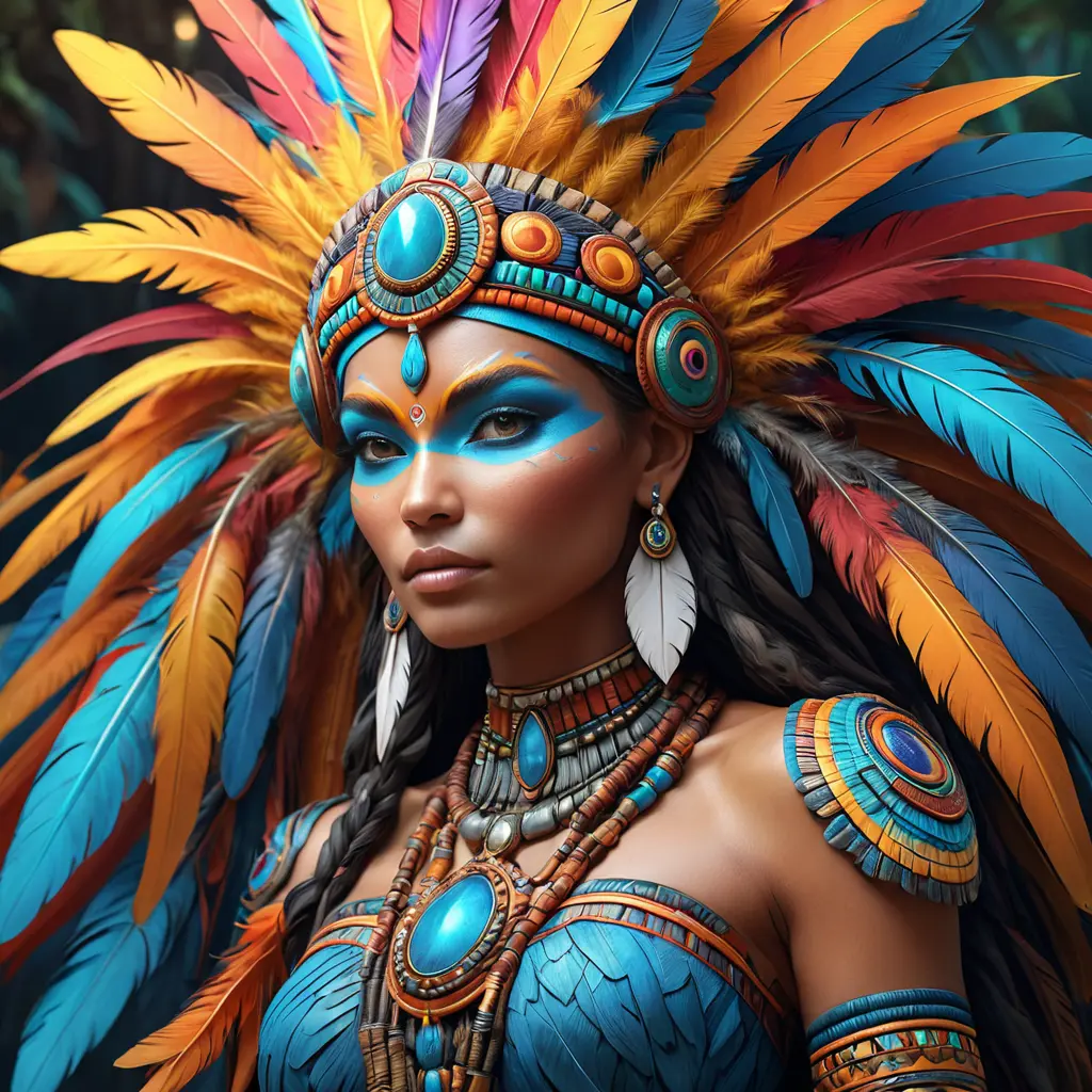 Visionary painting of a mystical tribal goddess surrounded by vibrant feathers, 8k, Highly Detailed, Intricate, Artstation, Matte Painting, Sharp Focus, Volumetric Lighting, Concept Art by Stanley Artgerm Lau, Greg Rutkowski