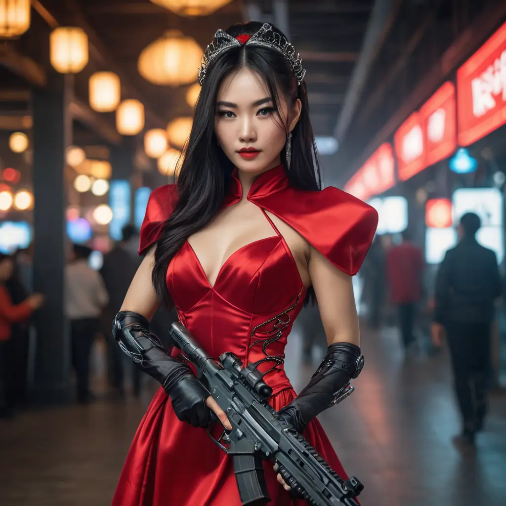 A dangerously armed asian feme fatale in silk red dress at a masquerade ball, Cybernatic and Sci-Fi, Cyberpunk, Sci-Fi