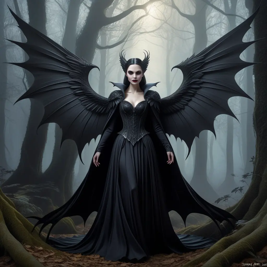 Winged vampiress in a haunted forest, Highly Detailed, Intricate, Gothic, Volumetric Lighting, Fantasy, Dark by Stanley Artgerm Lau