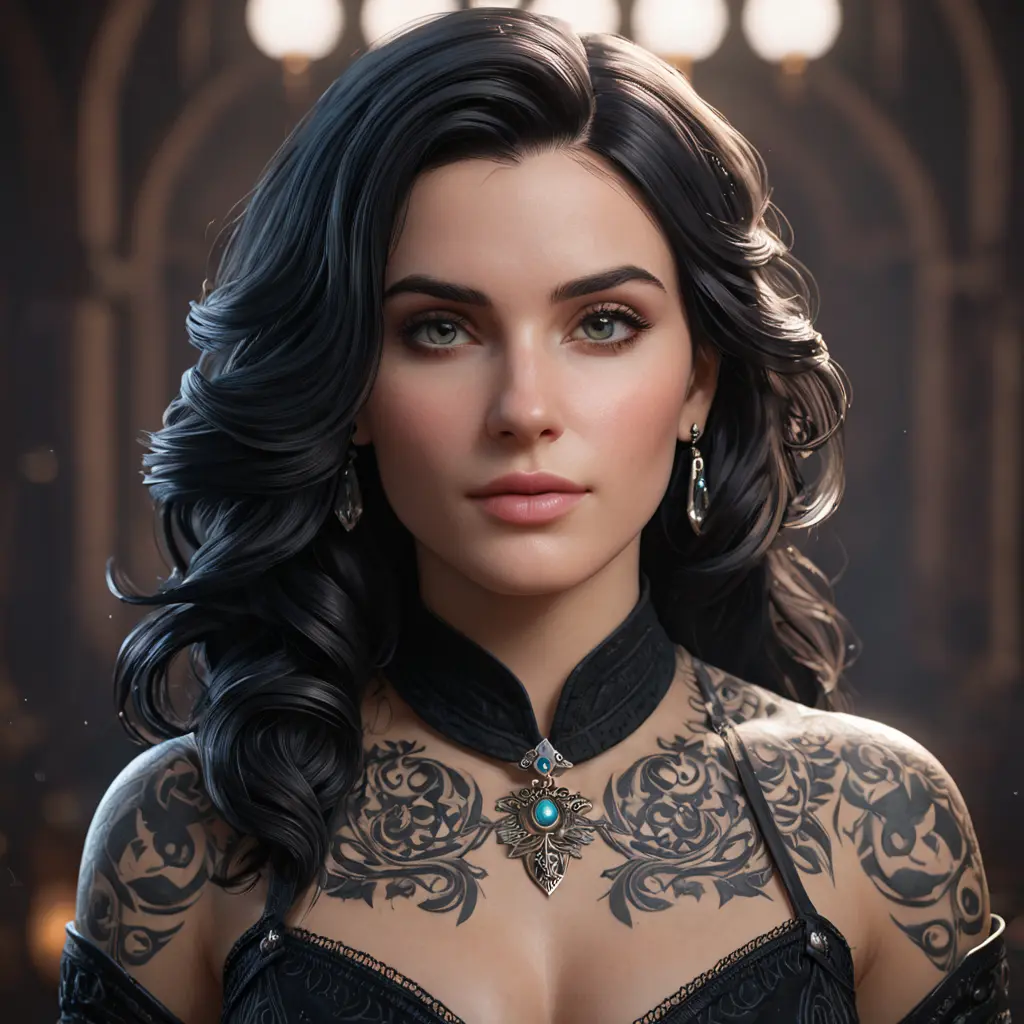 Matte portrait of Yennefer with tattoos, 8k, Highly Detailed, Alluring, Artstation, Bokeh effect, Sharp Focus, Volumetric Lighting, Concept Art by Stanley Artgerm Lau, Greg Rutkowski