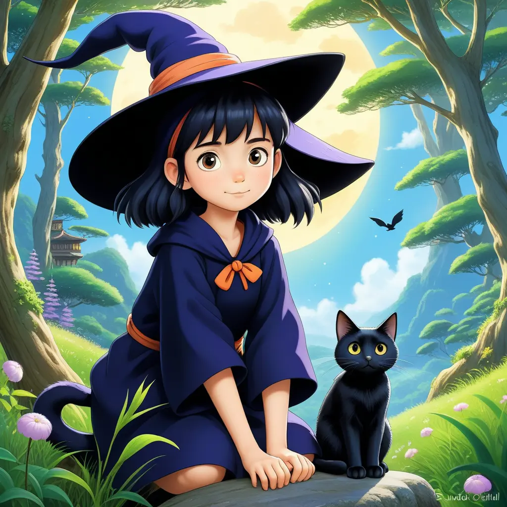 Kiki the witch and Jiji the cat, Highly Detailed, Beautiful, Digital Painting, Anime, Fantasy by Studio Ghibli