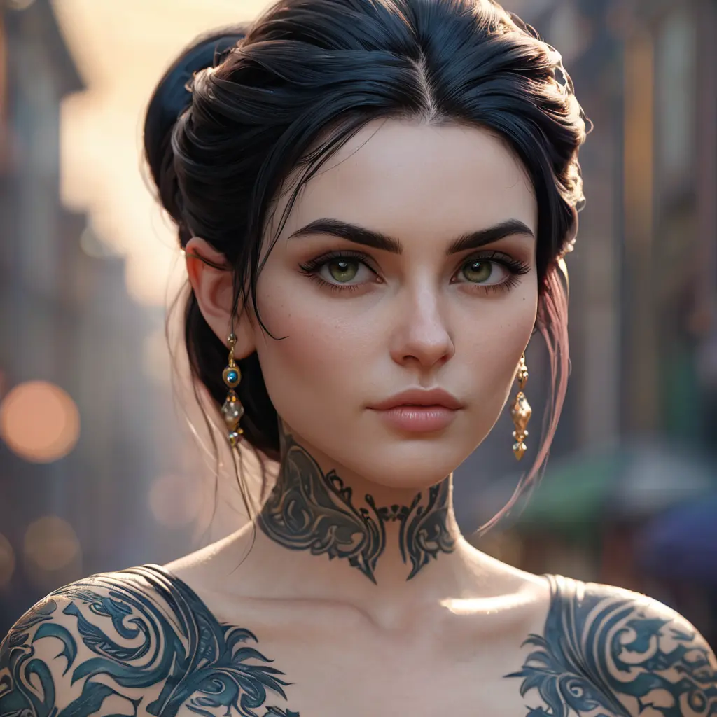 Close up of Morgana with tattoos, 8k, Highly Detailed, Artstation, Bokeh effect, Sharp Focus, Volumetric Lighting, Concept Art by Stanley Artgerm Lau, Greg Rutkowski