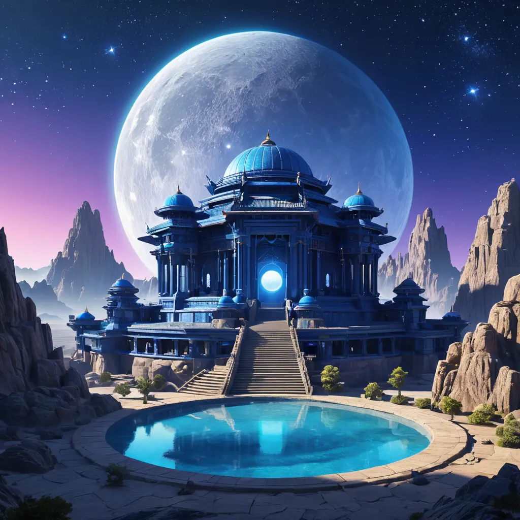 Cosmic round beautiful indigo temple in the center of a futuristic community. Extraterrestrial landscape. Planet sirius. The moon and stars can be seen in the sky even during the day., Sci-Fi, Volumetric Lighting, Vibrant Colors by Greg Rutkowski