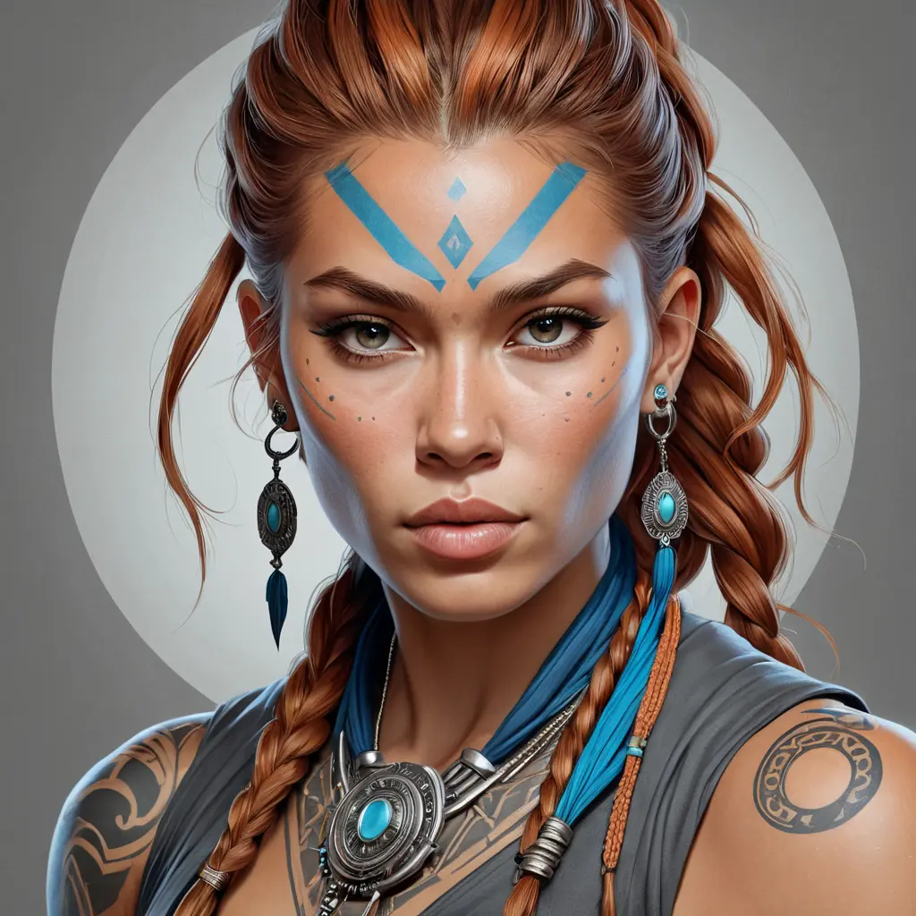 Colorful portrait of a tattooed Aloy with a grey scale face, 4k, Highly Detailed, Hyper Detailed, Powerful, Artstation, Vintage Illustration, Digital Painting, Sharp Focus, Smooth, Concept Art by Stanley Artgerm Lau, Alphonse Mucha, Greg Rutkowski