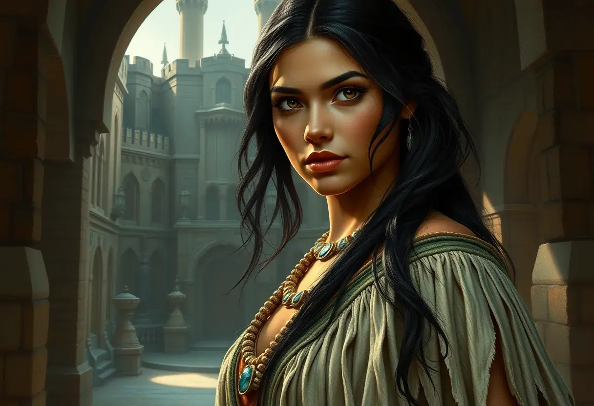 Matte portrait of Pocohontas inside a castle, Ultra Detailed, Half Body, Beautiful, Matte Painting, Sharp Focus, Portrait, Fantasy by Stefan Kostic