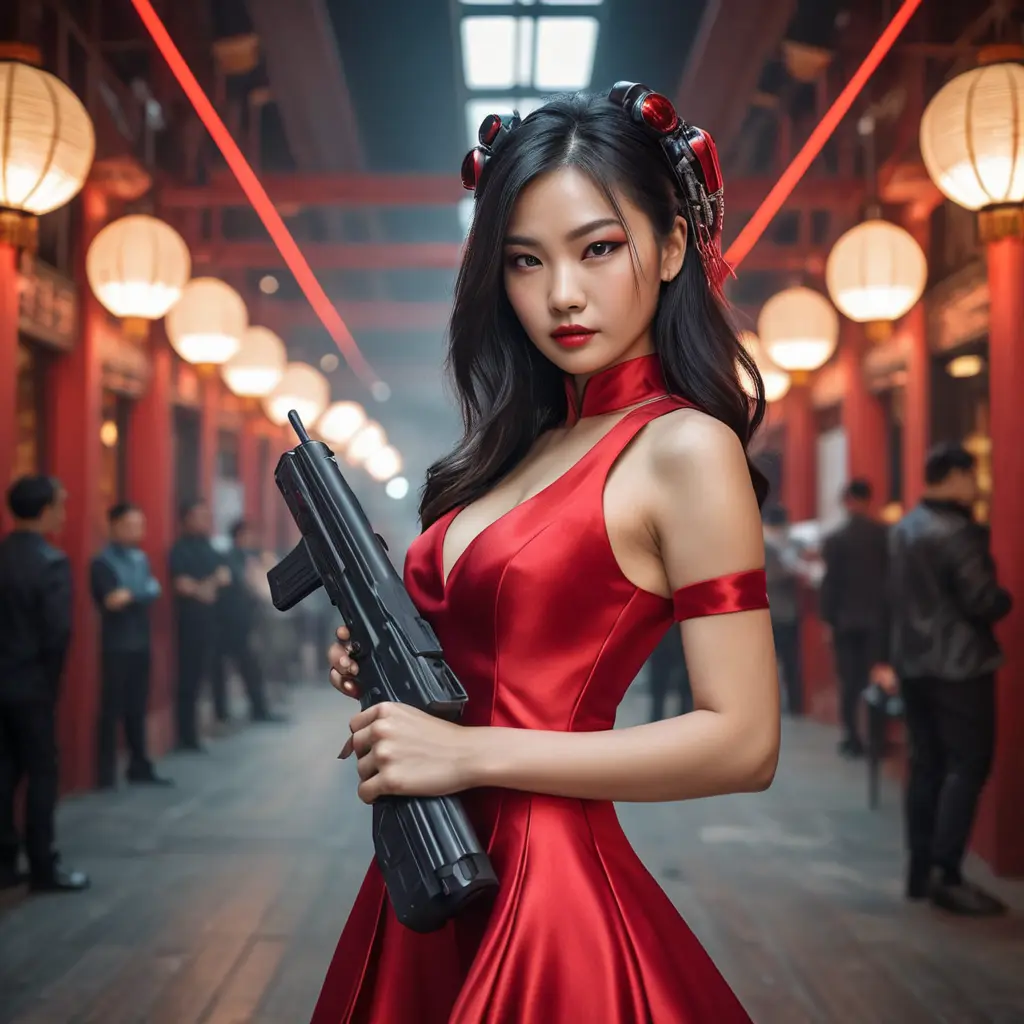 A dangerously armed asian feme fatale in silk red dress at a masquerade ball, Cybernatic and Sci-Fi, Cyberpunk, Sci-Fi