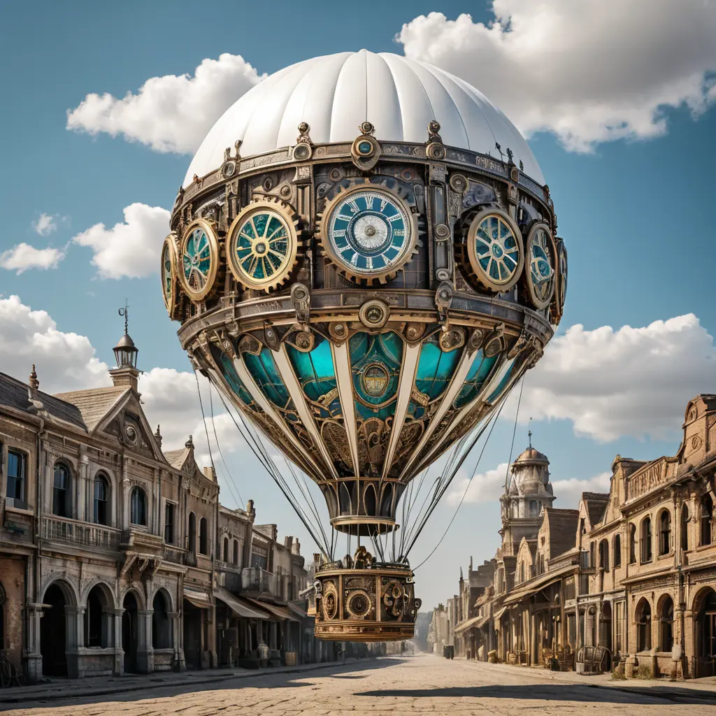 White steampunk hot air balloon with gears, Victorian style Ancient buildings, archeological ruins of lost civilizations and technology, Steampunk, Iridescence