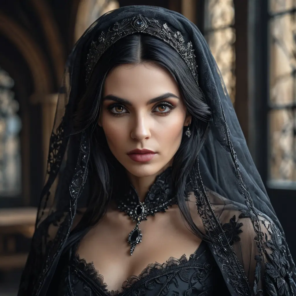 Alluring portrait of a beautiful raven black haired veiled vampire in the style of Stefan Kostic, 8k, High Definition, Highly Detailed, Intricate, Half Body, Realistic, Sharp Focus, Fantasy, Elegant