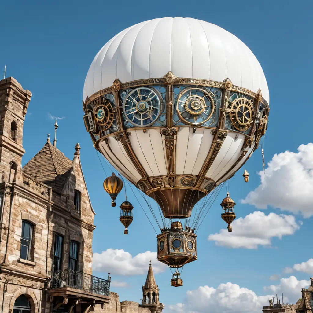 White steampunk hot air balloon with gears, Victorian style Ancient buildings, archeological ruins of lost civilizations and technology, Steampunk, Iridescence