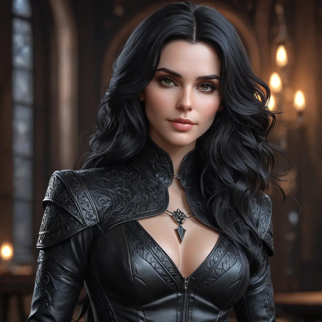 Alluring matte portrait of a beautiful Yennefer wearing a black leather full body suit, 8k, Highly Detailed, Intricate, Realistic, Sharp Focus, Volumetric Lighting, Fantasy, Elegant by Stanley Artgerm Lau, WLOP