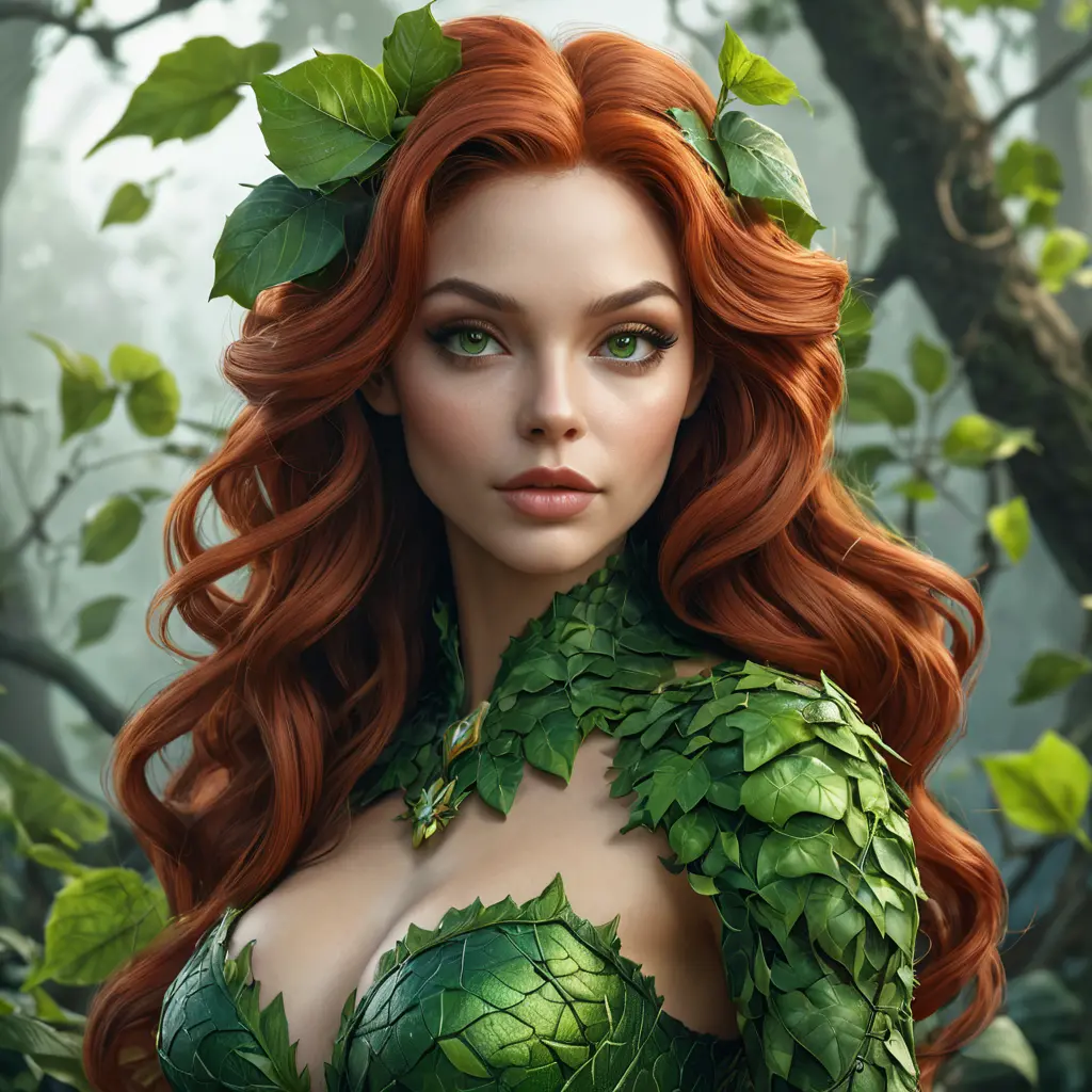 Alluring matte portrait of Poison Ivy in the style of Stefan Kostic, 8k, Highly Detailed, Intricate, Half Body, Matte Painting, Realistic, Sharp Focus, Fantasy by Greg Rutkowski