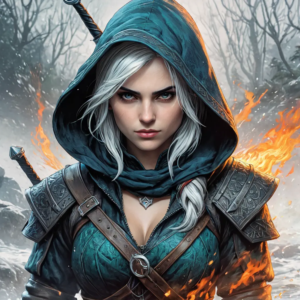 Hooded Ciri from the Witcher emerging from the fog of war, ink splash, Highly Detailed, Vibrant Colors, Ink Art, Fantasy, Dark by Stanley Artgerm Lau