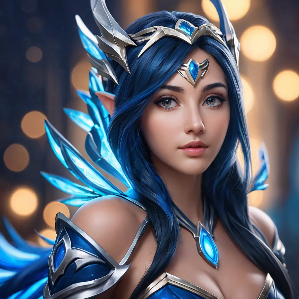 Alluring portrait of a beautiful Irelia from League of Legends in Blue, Highly Detailed, Half Body, Bokeh effect, Photo Realistic, Sharp Focus by Stefan Kostic