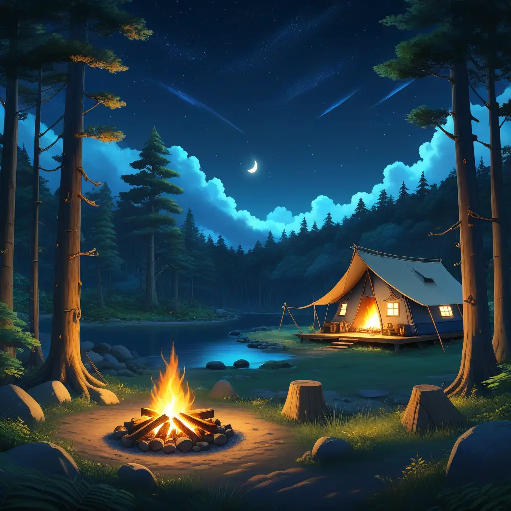 matte painting of a camp fire in the forest at night, Highly Detailed, Beautiful, Digital Painting, Anime, Fantasy by Studio Ghibli