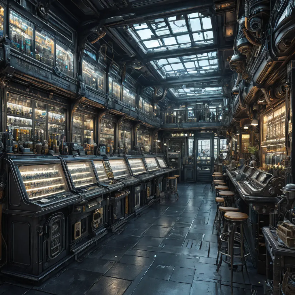 futuristic antique shop, 8k, Dystopian, High Definition, Highly Detailed, Hyper Detailed, Intricate, Intricate Artwork, Intricate Details, Ultra Detailed, Cgsociety, Cybernatic and Sci-Fi, Post-Apocalyptic, Biomechanical, Biopunk, Cassette Futurism, Cyberpunk, Futuristic, Lunarpunk, Pixiecore, Sci-Fi, Science Fiction, Solarpunk, Sparklecore, Unimaginable Beauty, Voidpunk, Matte Painting, Sharp Focus by Stefan Kostic