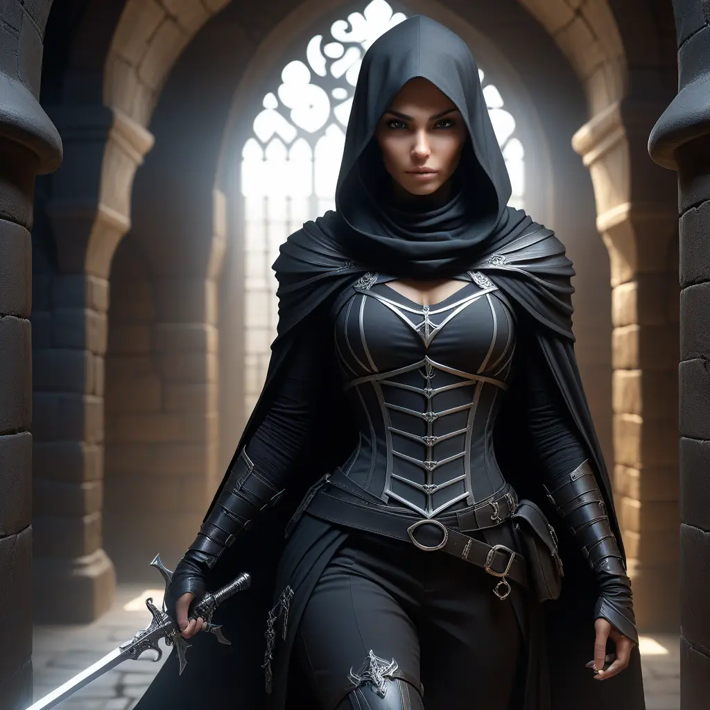 Full body matte portrait of a beautiful veiled armed female Assassin in a dungeon, Gothic and Fantasy, Volumetric Lighting, Fantasy, Threatening by Stanley Artgerm Lau