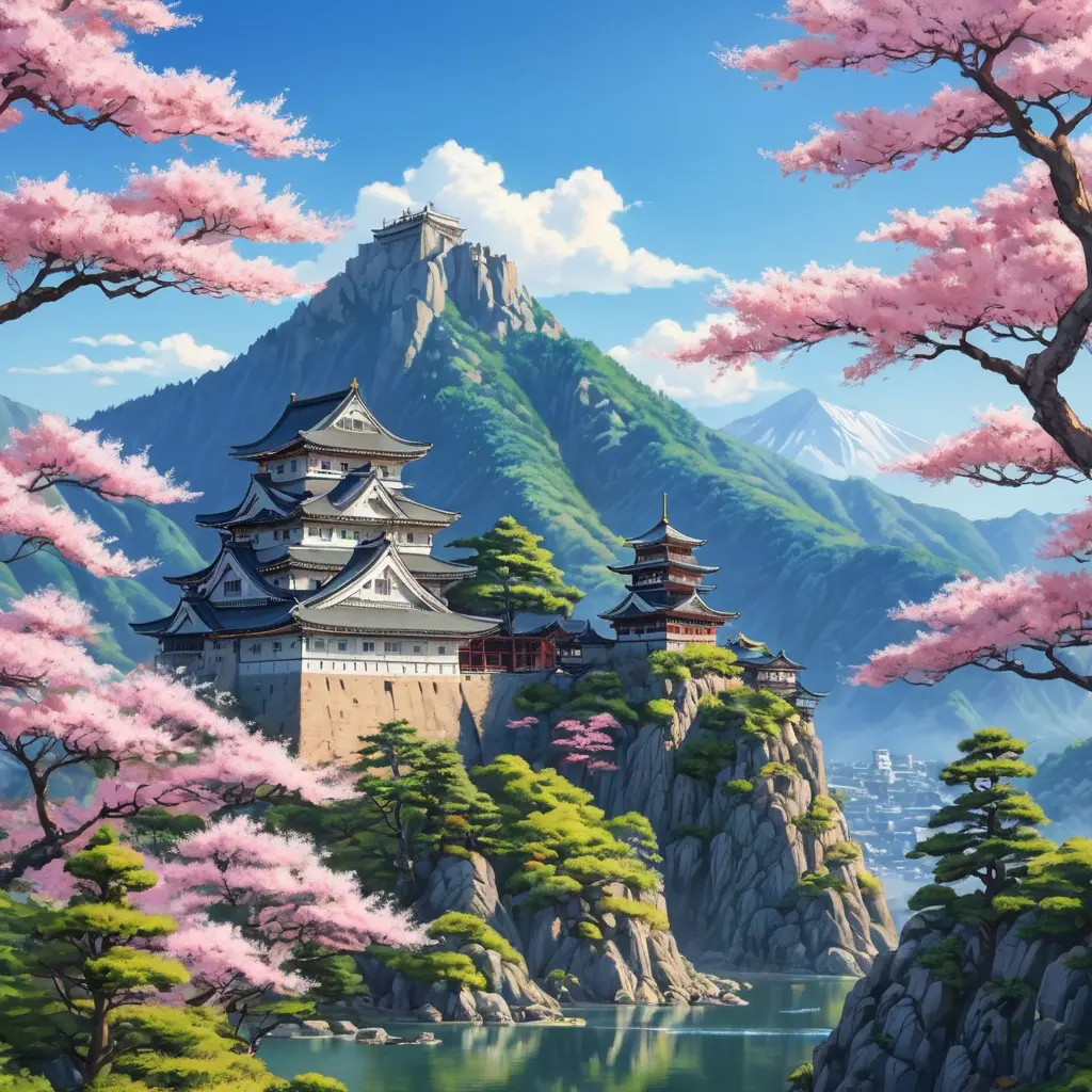 Landscape of a large japanese castle in the tall mountains, with matsu pine trees, with sakura cherry trees, Highly Detailed, Beautiful, Digital Painting, Anime, Fantasy by Studio Ghibli