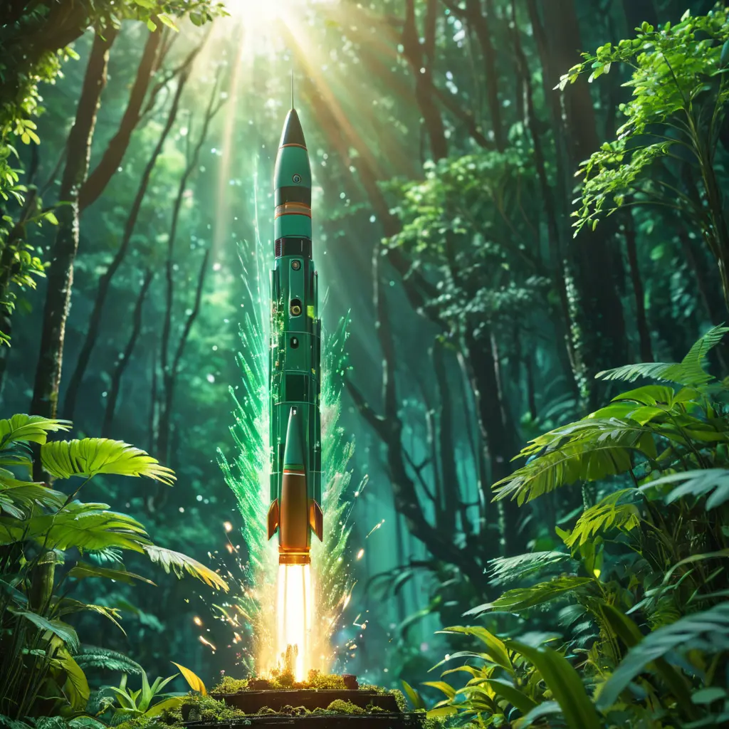 Studio ghibli, rocket explosion, jungle, solar, green technology, optimist future, 8k, Bokeh effect, Cinematic Lighting, Iridescence, Vibrant by Greg Rutkowski, WLOP