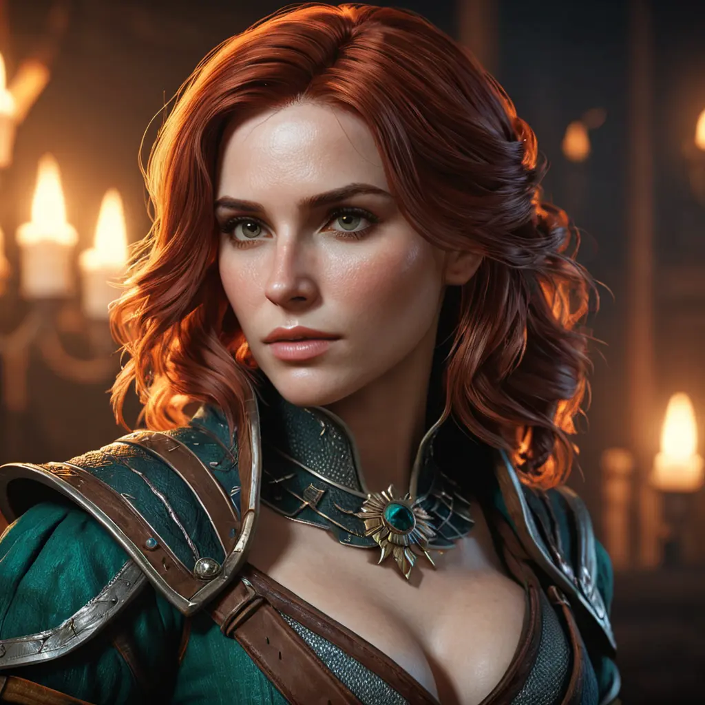 Alluring Triss Merigold as a rouge mage in The Witcher 3 Style, 4k, Highly Detailed, Beautiful, Cinematic Lighting, Sharp Focus, Volumetric Lighting, Closeup Portrait, Concept Art