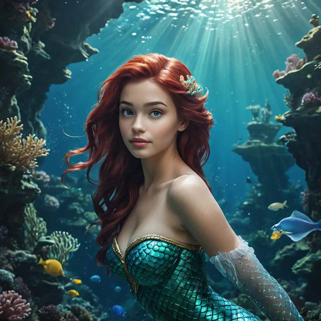 Ariel the mermaid underwater, Ultra Detailed, Half Body, Beautiful, Matte Painting, Sharp Focus, Portrait, Fantasy by Stefan Kostic