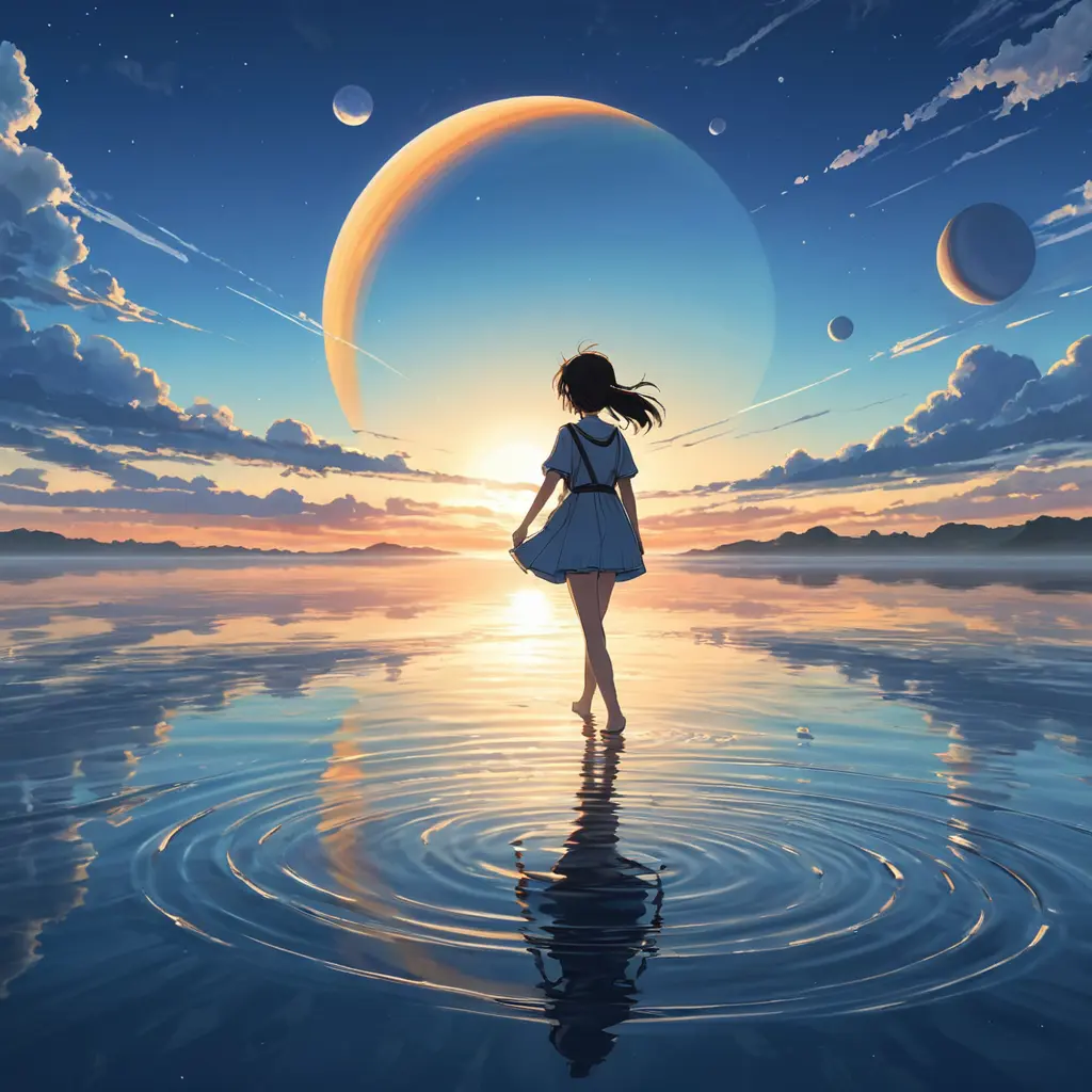 Anime girl walking on water, ripples, backdrop of dawn, saturn in the background, Highly Detailed, Beautiful, Digital Painting, Anime, Fantasy by Studio Ghibli