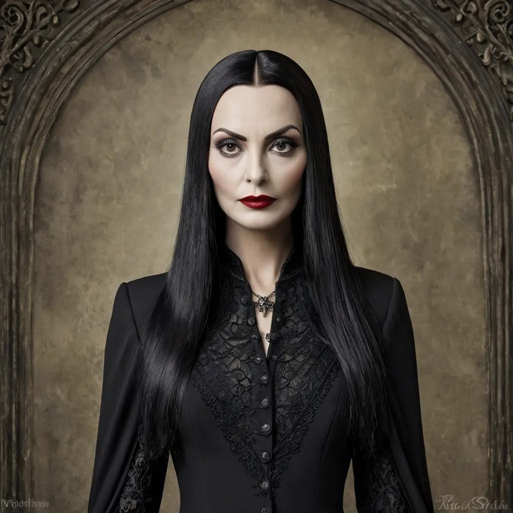 American Gothic Morticia Addams, Gothic and Fantasy, Half Body, Portrait, Threatening