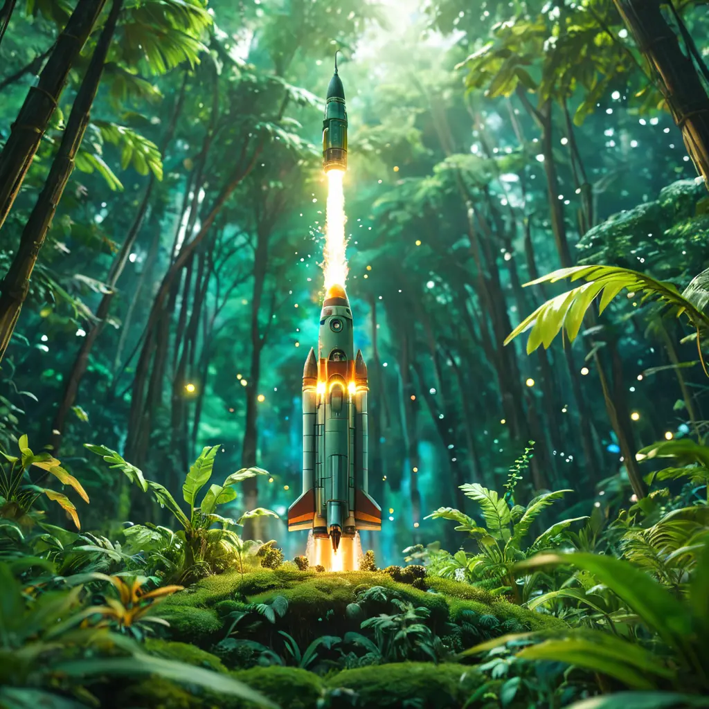 Studio ghibli, rocket explosion, jungle, solar, green technology, optimist future, 8k, Bokeh effect, Cinematic Lighting, Iridescence, Vibrant by Greg Rutkowski, WLOP