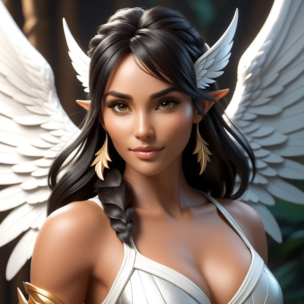 Alluring matte portrait of a beautiful Nidalee with wings, 8k, Highly Detailed, Intricate, Half Body, Realistic, Sharp Focus, Volumetric Lighting, Fantasy, Elegant by Stanley Artgerm Lau, WLOP