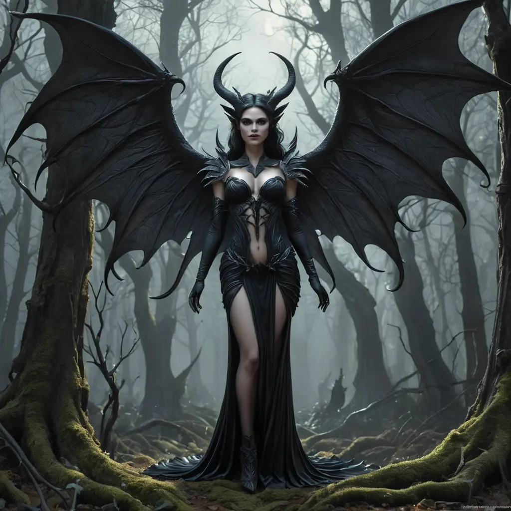 Winged succubus in a haunted forest, Highly Detailed, Intricate, Gothic, Volumetric Lighting, Fantasy, Dark by Stanley Artgerm Lau