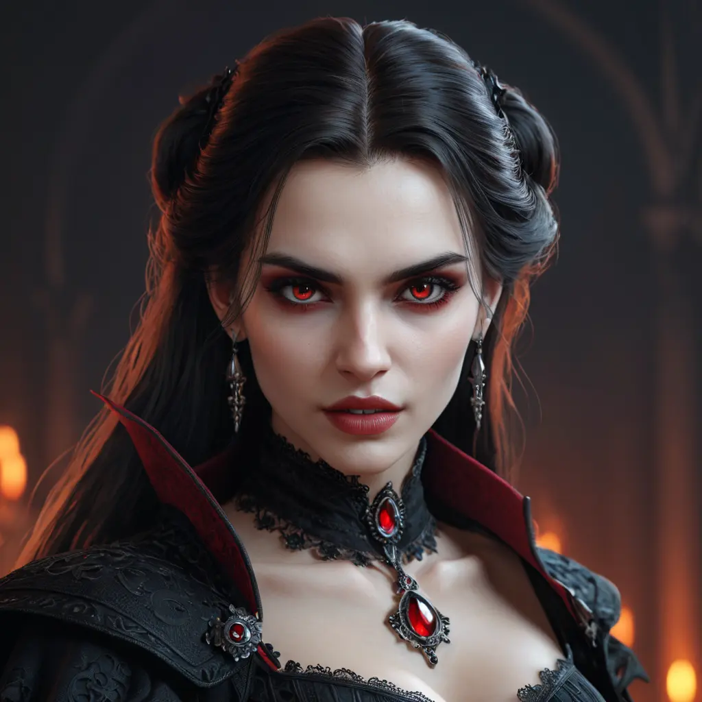 A beautiful romanian vampire woman with penetrating red bright eyes, long fangs, perfect face, 8k, Hyper Detailed, Intricate Details, Masterpiece, Contemporary, Full Body, Trending on Artstation, Gothic, Deviantart, Concept Art by WLOP