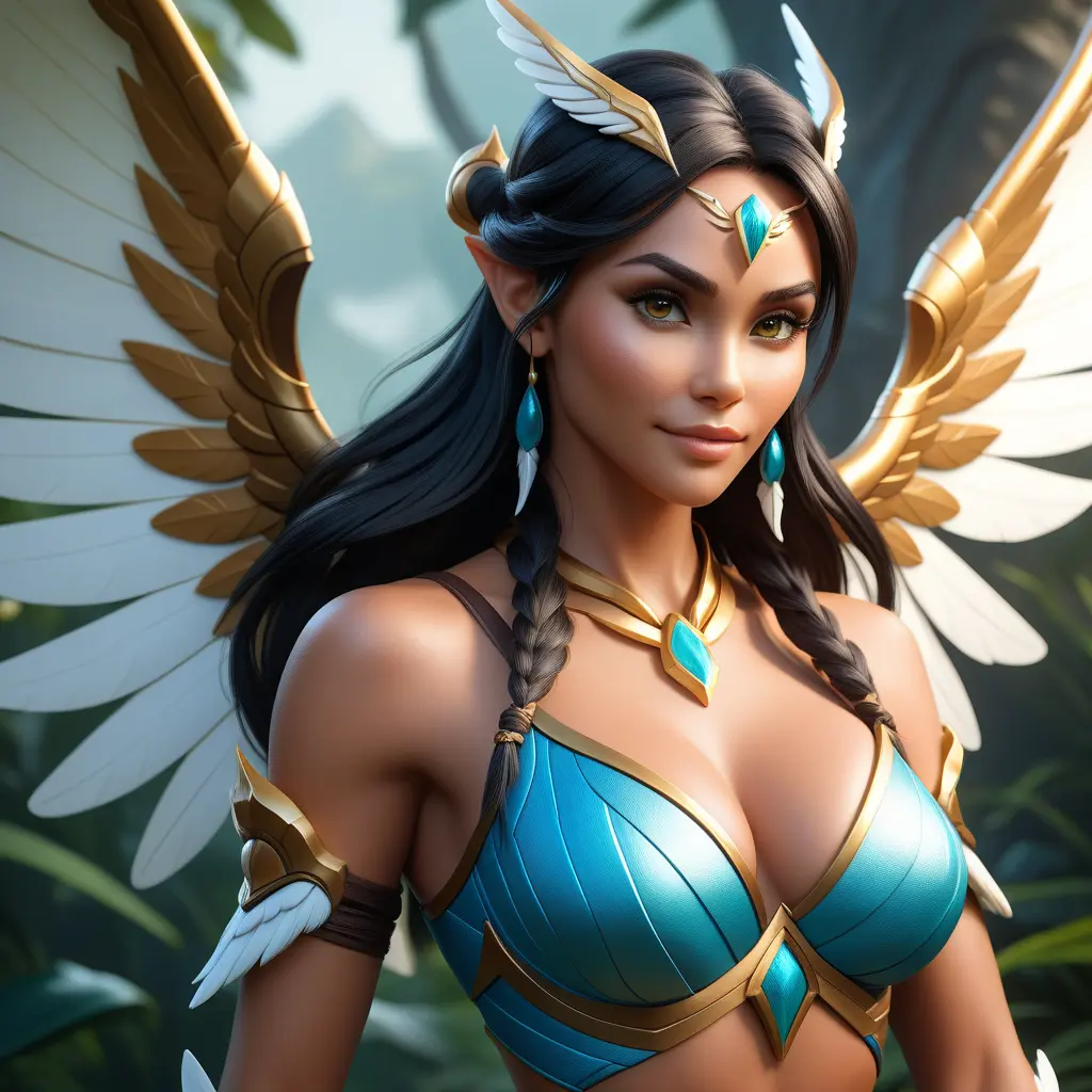 Alluring matte portrait of a beautiful Nidalee with wings, 8k, Highly Detailed, Intricate, Half Body, Realistic, Sharp Focus, Volumetric Lighting, Fantasy, Elegant by Stanley Artgerm Lau, WLOP