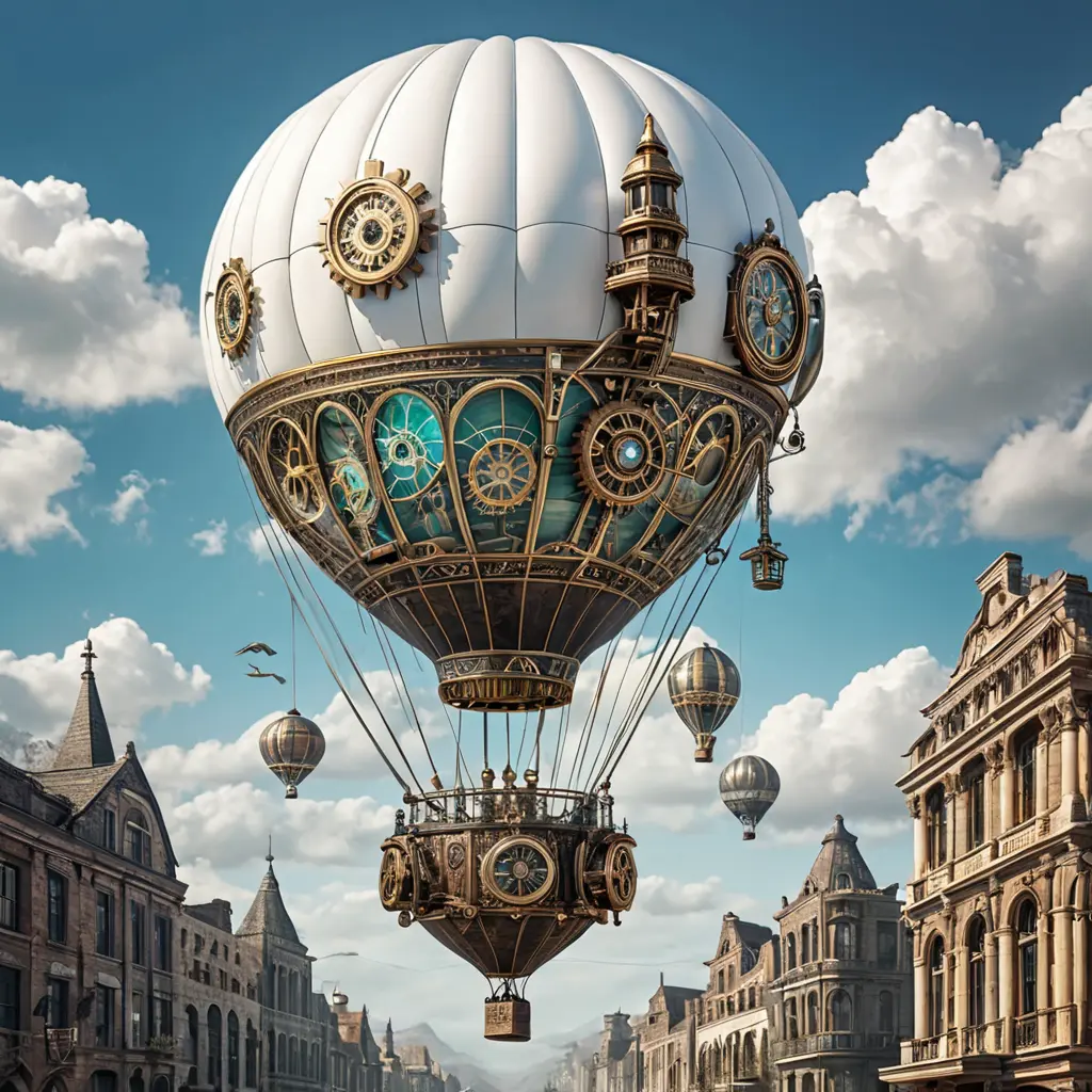 White steampunk hot air balloon with gears, Victorian style Ancient buildings, archeological ruins of lost civilizations and technology, Steampunk, Iridescence