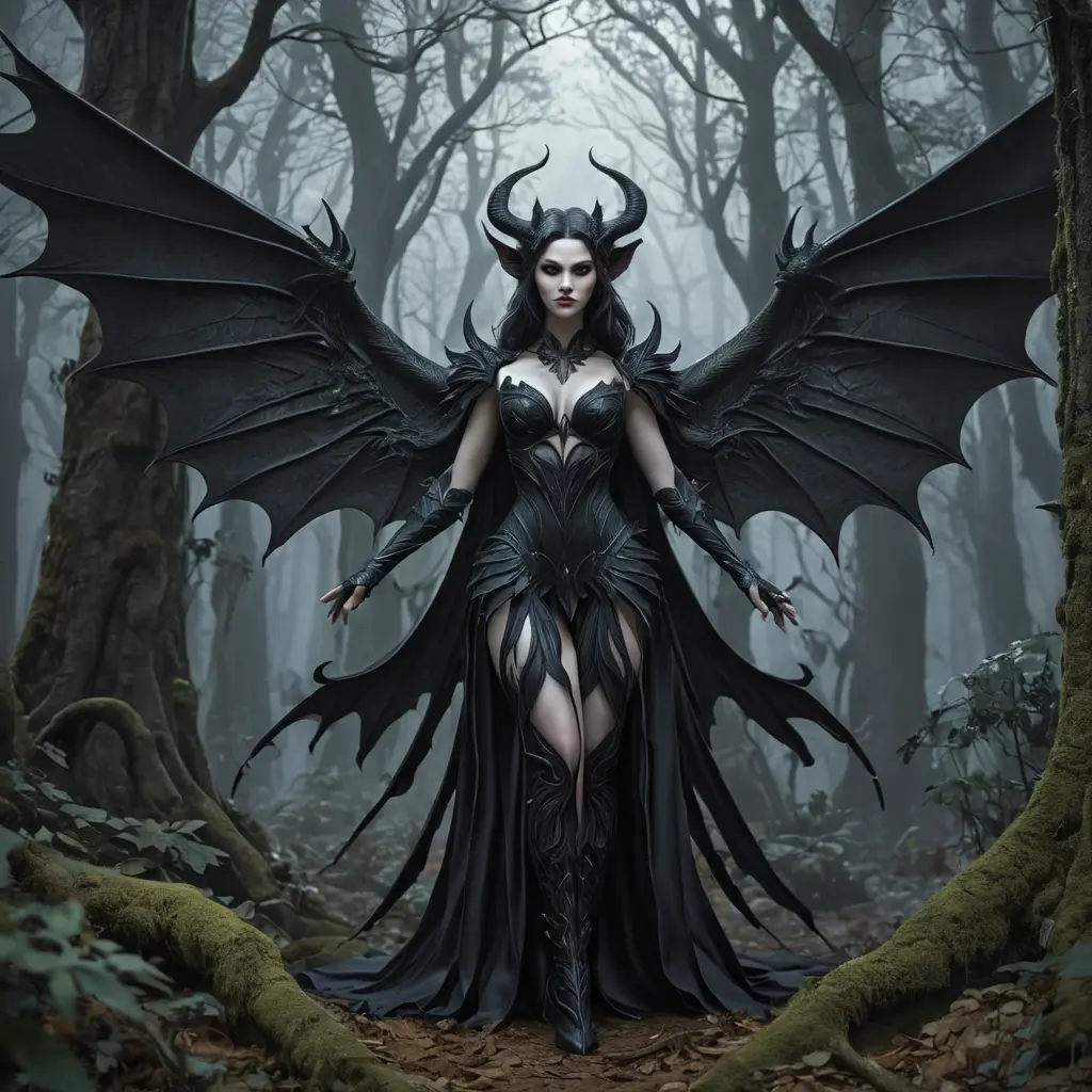 Winged succubus in a haunted forest, Highly Detailed, Intricate, Gothic, Volumetric Lighting, Fantasy, Dark by Stanley Artgerm Lau