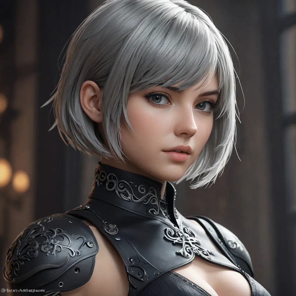 Alluring matte portrait of a beautiful A2 from Nier Automata wearing black leather, 8k, Highly Detailed, Intricate, Half Body, Realistic, Sharp Focus, Volumetric Lighting, Fantasy, Elegant by Stanley Artgerm Lau, WLOP