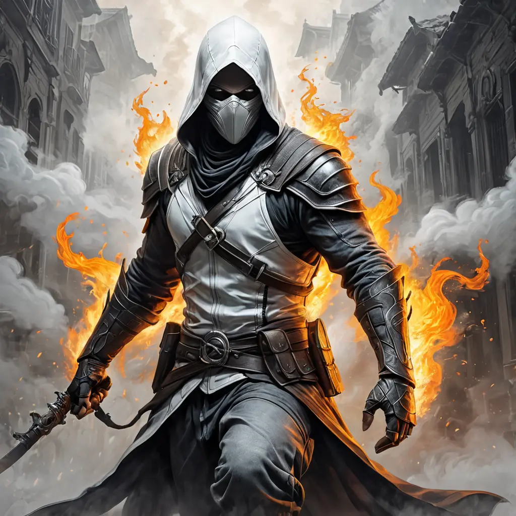 White Assassin emerging from a firey fog of battle, ink splash, Highly Detailed, Vibrant Colors, Ink Art, Fantasy, Dark by Stanley Artgerm Lau