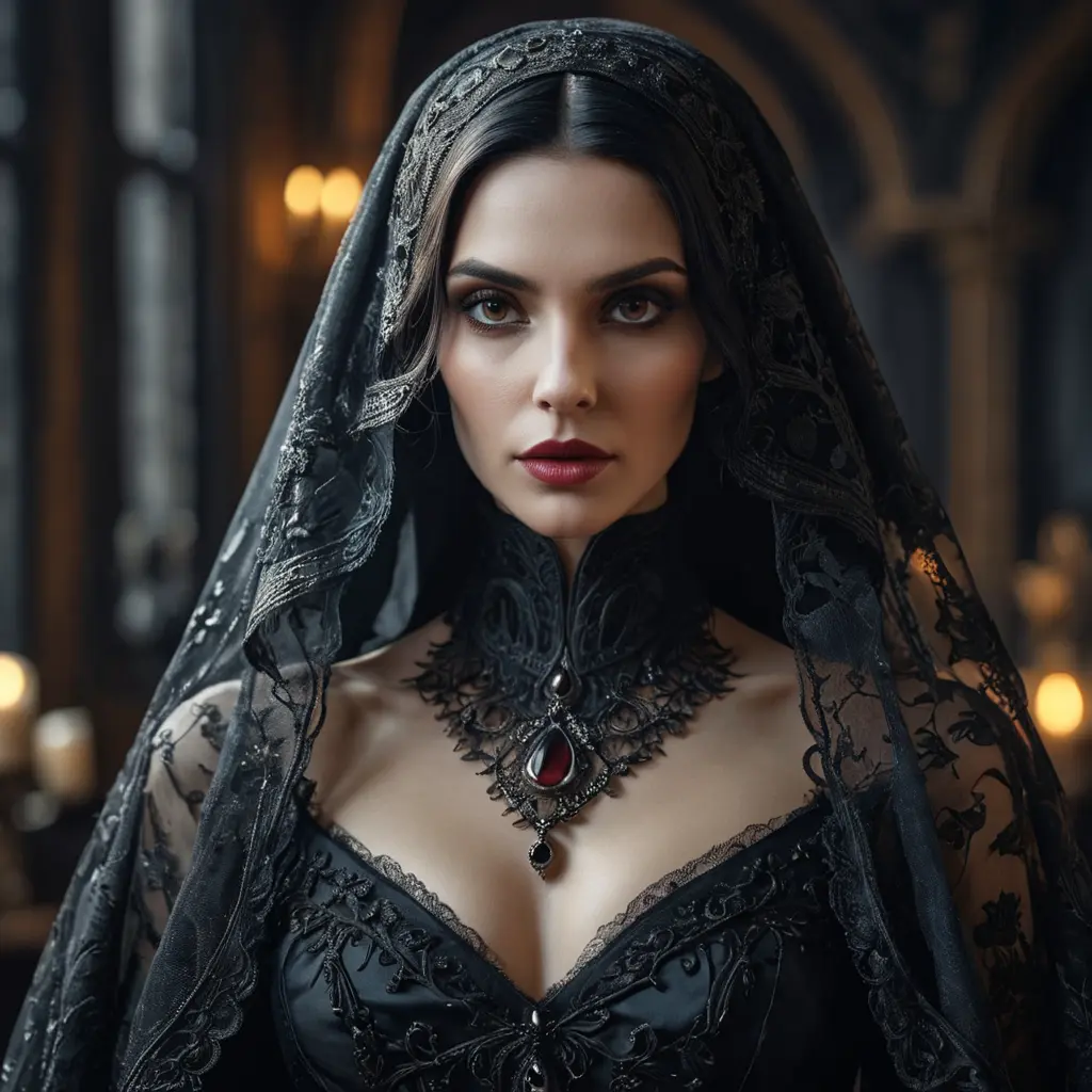 Alluring portrait of a beautiful raven black haired veiled vampire in the style of Stefan Kostic, 8k, High Definition, Highly Detailed, Intricate, Half Body, Realistic, Sharp Focus, Fantasy, Elegant