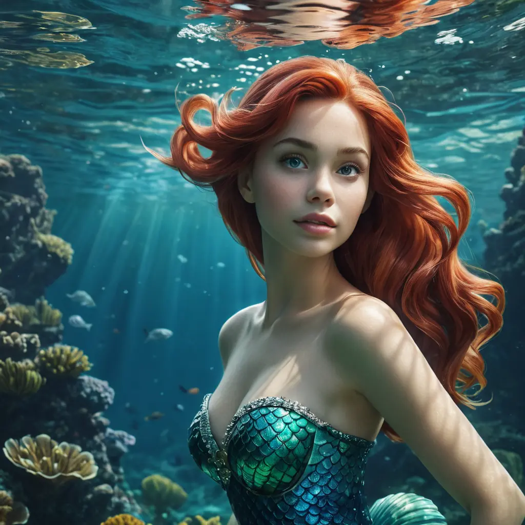 Ariel the mermaid underwater, Ultra Detailed, Half Body, Beautiful, Matte Painting, Sharp Focus, Portrait, Fantasy by Stefan Kostic