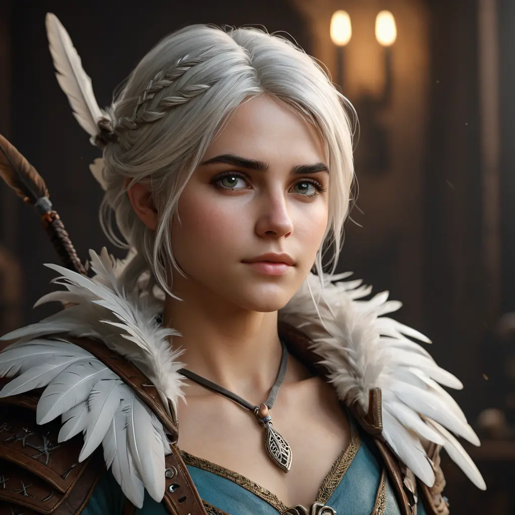 Matte portrait of the beautiful Ciri with feathers, Highly Detailed, Intricate, Realistic, Sharp Focus, Volumetric Lighting, Fantasy, Elegant