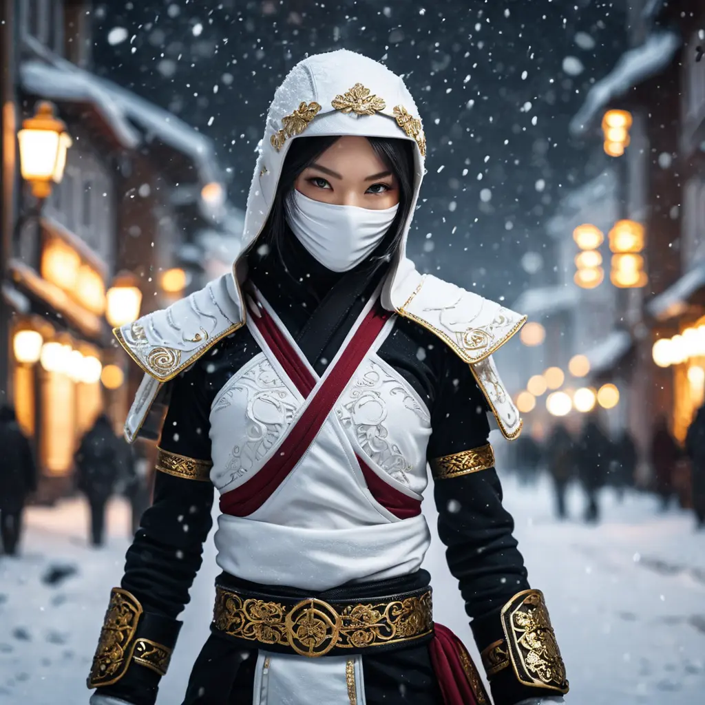 Mysterious beautiful white kunoichi ninja wearing black, red and gold in the streets of a dark snowy town in russia, Intricate Details, Bokeh effect, Photo Realistic, Volumetric Lighting by Stefan Kostic