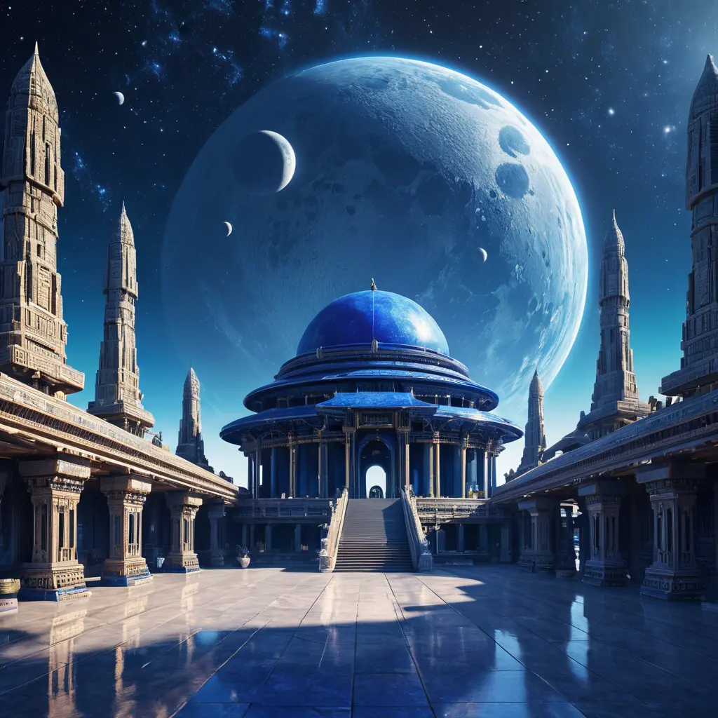 Cosmic round beautiful indigo temple in the center of a futuristic community. Extraterrestrial landscape. Planet sirius. The moon and stars can be seen in the sky even during the day., Sci-Fi, Volumetric Lighting, Vibrant Colors by Greg Rutkowski