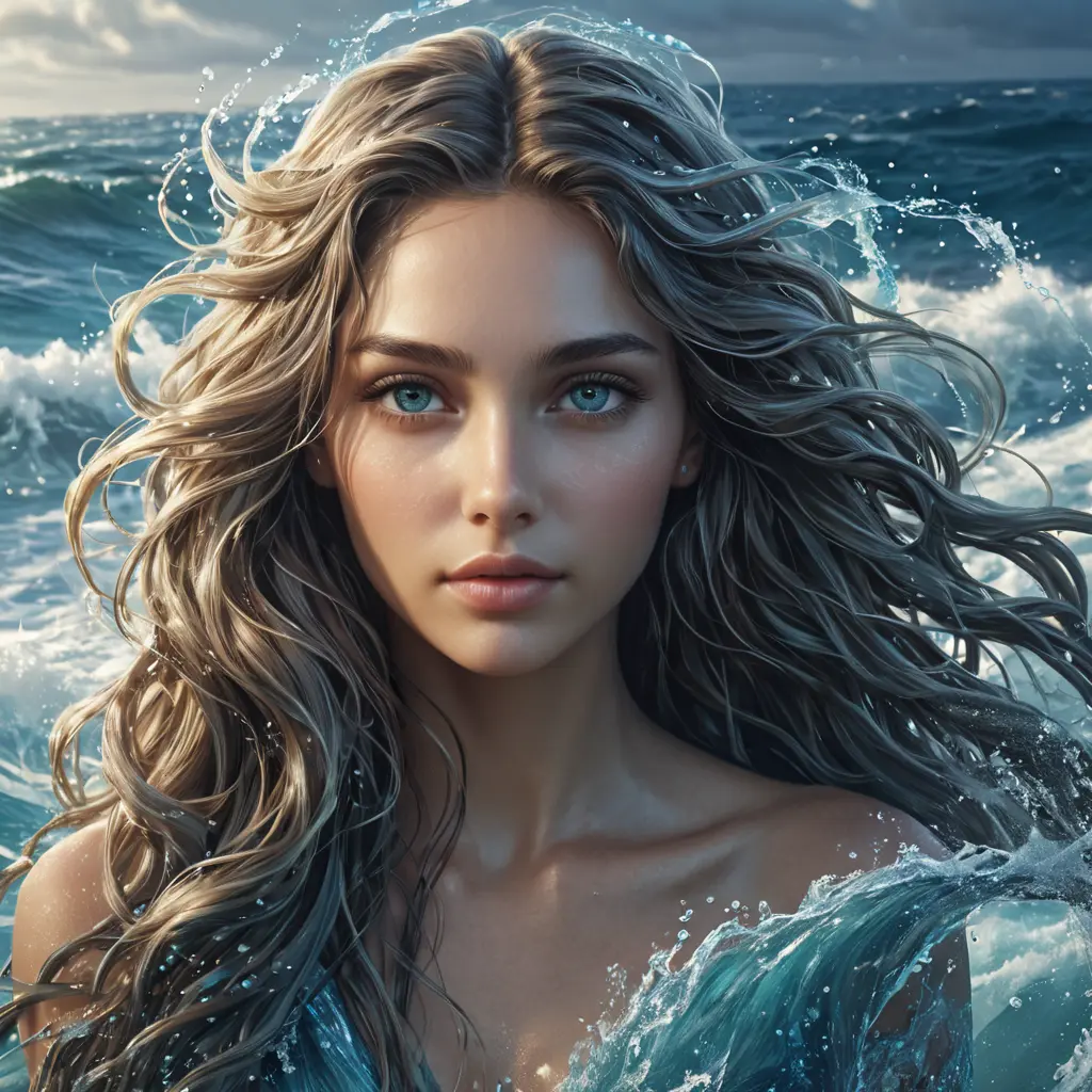 "magical ocean goddess", water, spray, waves, flowing hair, head and shoulders portrait, finely drawn eyes, 8k, Fantasy