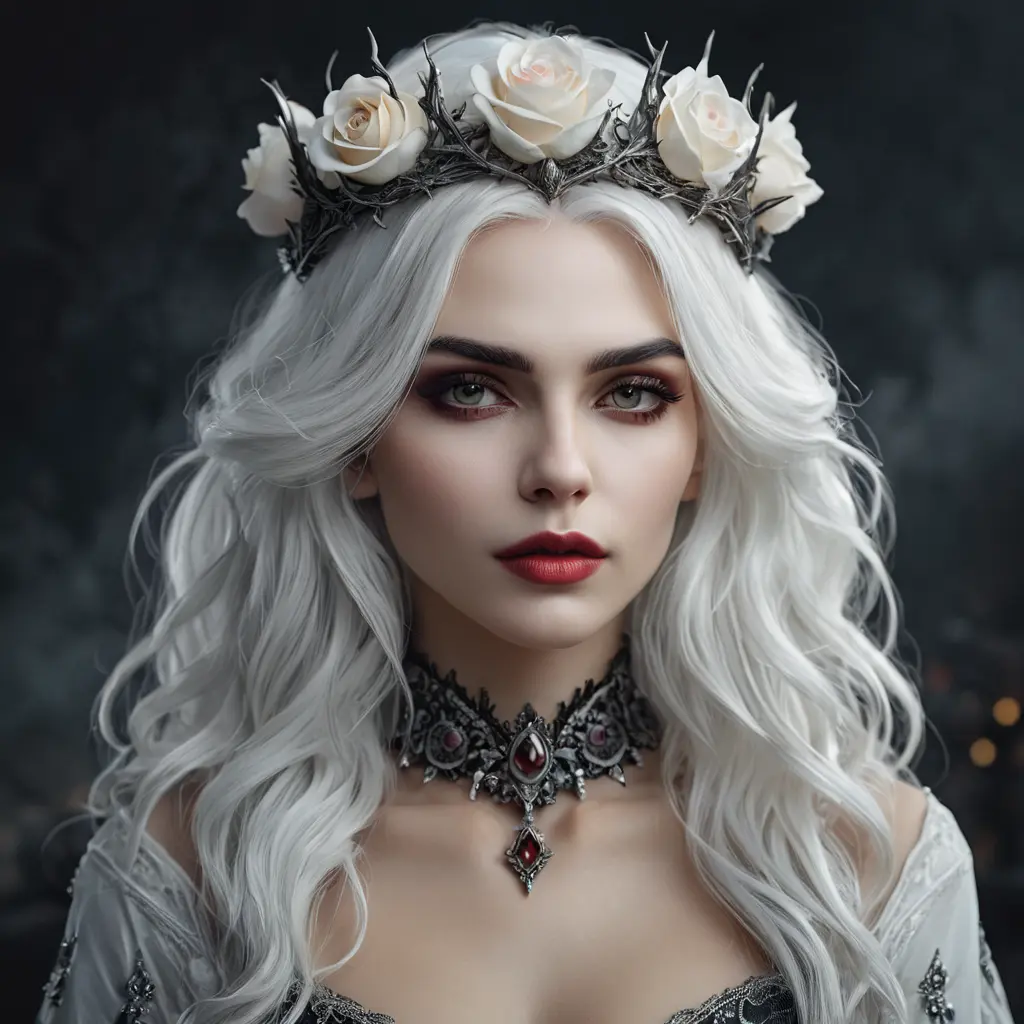 Alluring highly detailed matte portrait of a beautiful white haired vampire with a rose thorn crown in the style of Stefan Kostic, 8k, High Definition, Highly Detailed, Intricate, Half Body, Realistic, Sharp Focus, Fantasy, Elegant