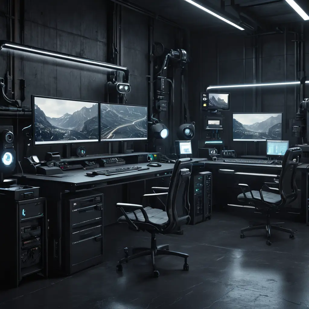 A dark industrial desk from the future with many monitors, Photo Realistic, Volumetric light effect, Octane Render, Unreal Engine, Ambient Occlusion, Maximalism, Industrial by Beeple