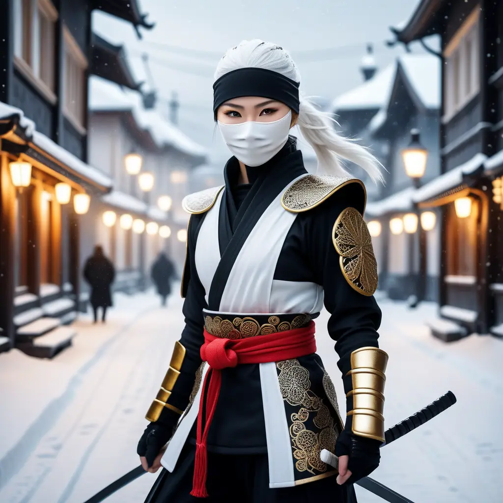 Mysterious beautiful white kunoichi ninja wearing black, red and gold in the streets of a dark snowy town in russia, Intricate Details, Bokeh effect, Photo Realistic, Volumetric Lighting by Stefan Kostic