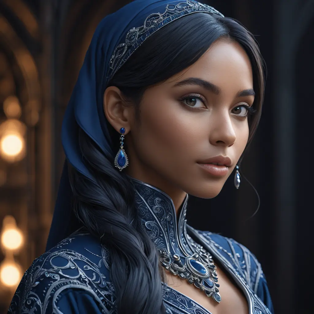 Matte portrait of the beautiful Samira in dark blue, 8k, Highly Detailed, Intricate, Realistic, Sharp Focus, Volumetric Lighting, Fantasy, Elegant by Stanley Artgerm Lau, WLOP, Stefan Kostic